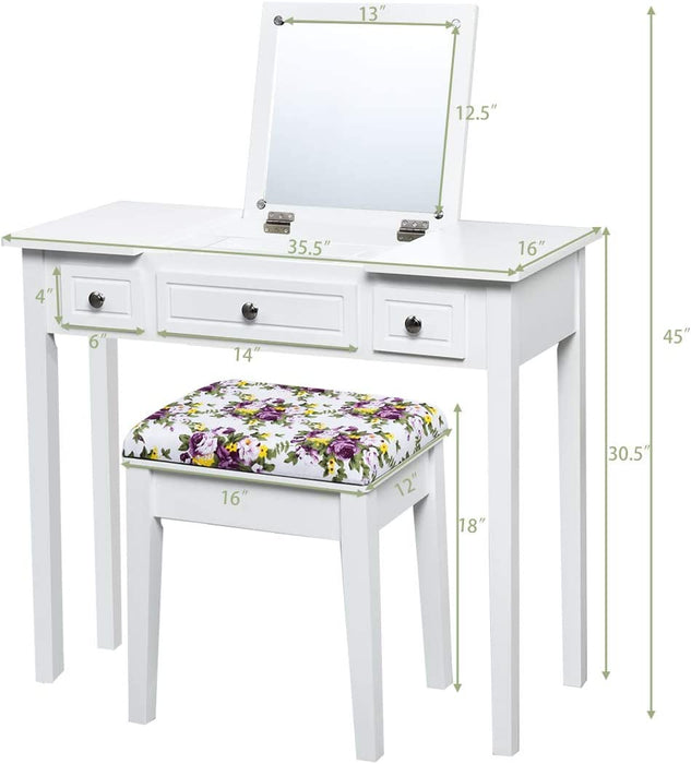 White Vanity Set with Flip Top Mirror and Drawers