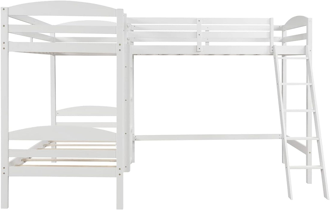 White L-Shaped Triple Bunk Bed with 2 Ladders