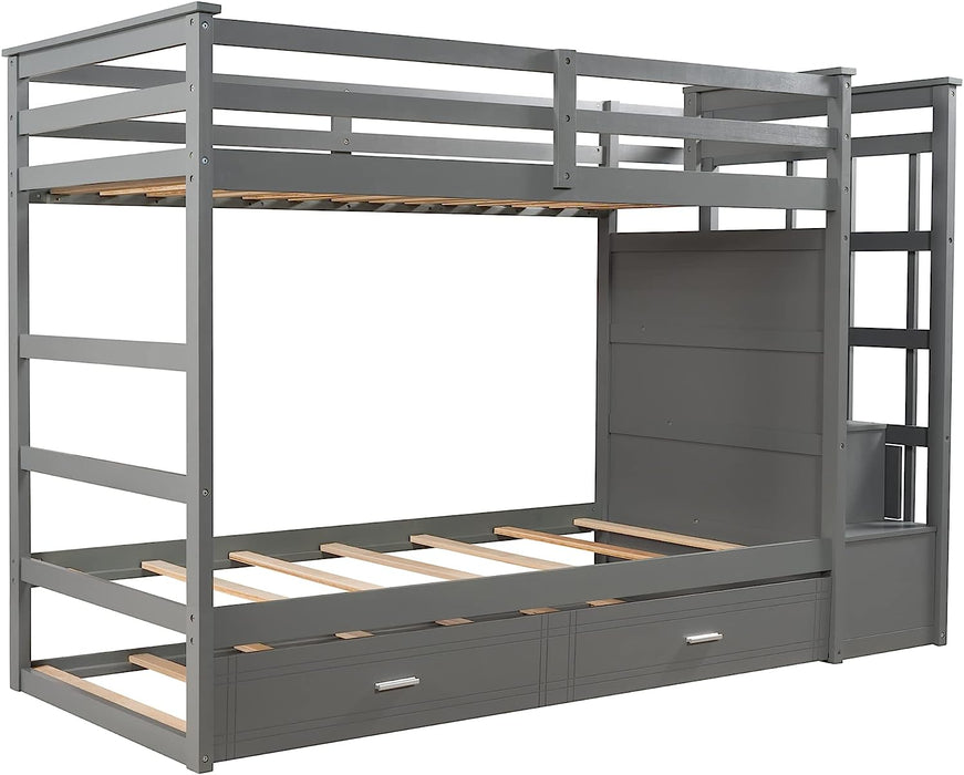 Twin over Twin Bunk Bed with Trundle, Storage, Stairs, Gray