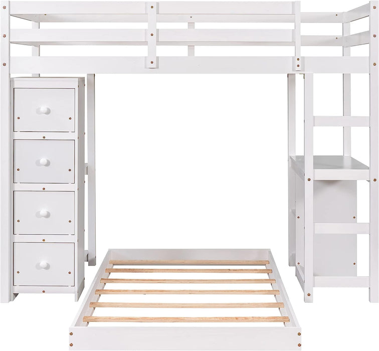 Twin Loft Bed with Desk and Storage Drawers, White