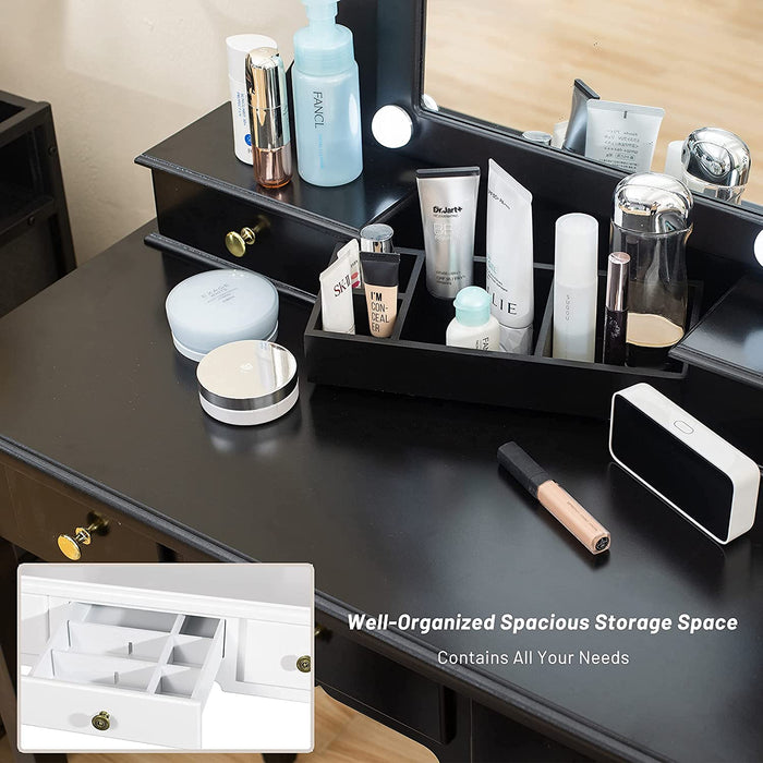 Black Vanity Set with Lighted Tri-Fold Mirror