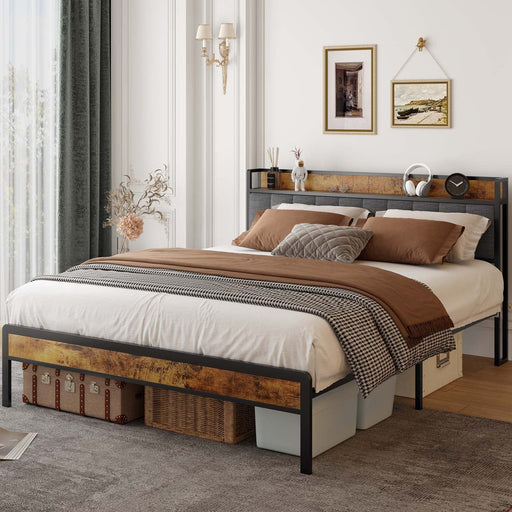 Queen Metal Platform Bed Frame with Storage Headboard