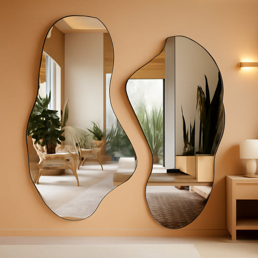 Irregular Wall Mirror, Set of 2, 31.5 X 17.5, Asymmetrical Curvy Groovy Blob Decor for Living Room Entryway Bathroom