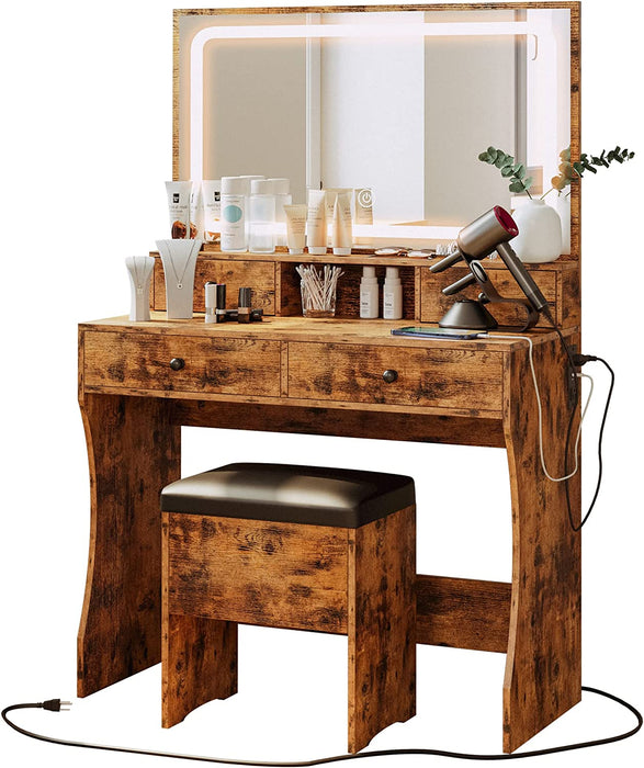 Vintage Brown Vanity Desk Set with LED Mirror
