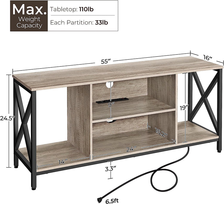 Industrial Gray TV Stand with Power Outlets