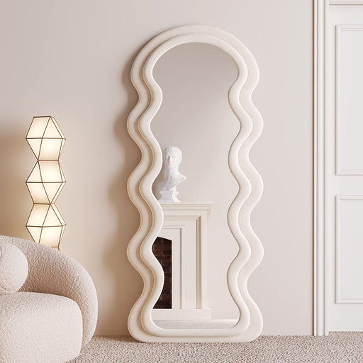 Full Length Mirror 63"X24", Irregular Wavy Mirror, Arched Floor Mirror, Wall Mirror Standing Hanging or Leaning against Wall for Bedroom, Flannel Wrapped Wooden Frame Mirror -White