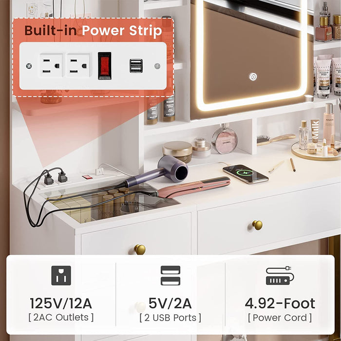 White Vanity Desk with Mirror and Lights in 3 Colors
