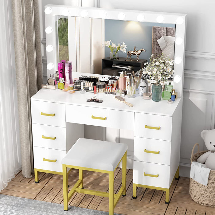 White Vanity Desk Set with Lighted Mirror