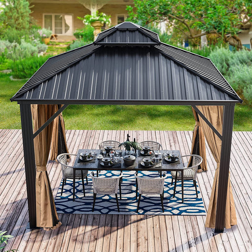 10X10Ft 2-Tier Hardtop Gazebo with Netting and Curtains, Outdoor Aluminum Frame Garden Tent for Patio, Backyard, Deck and Lawns
