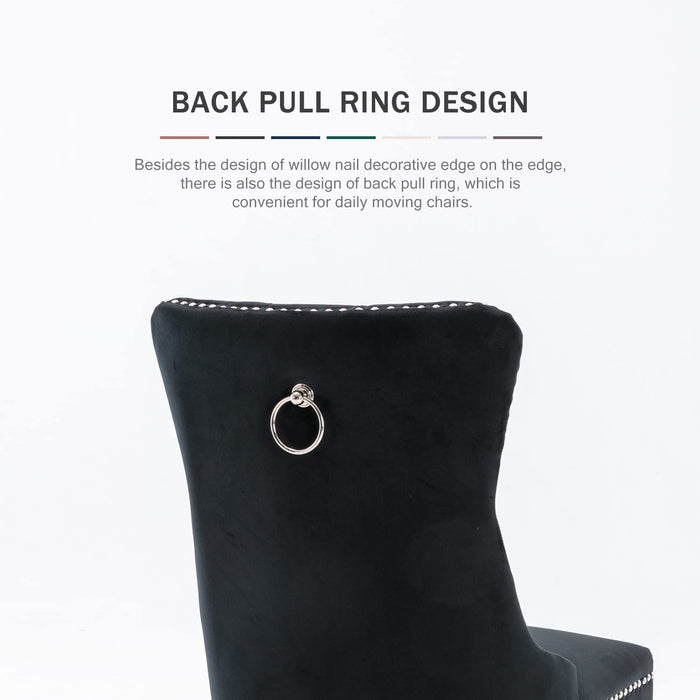 Black Velvet Ring Pull Trimmed Dining Chairs Set of 6