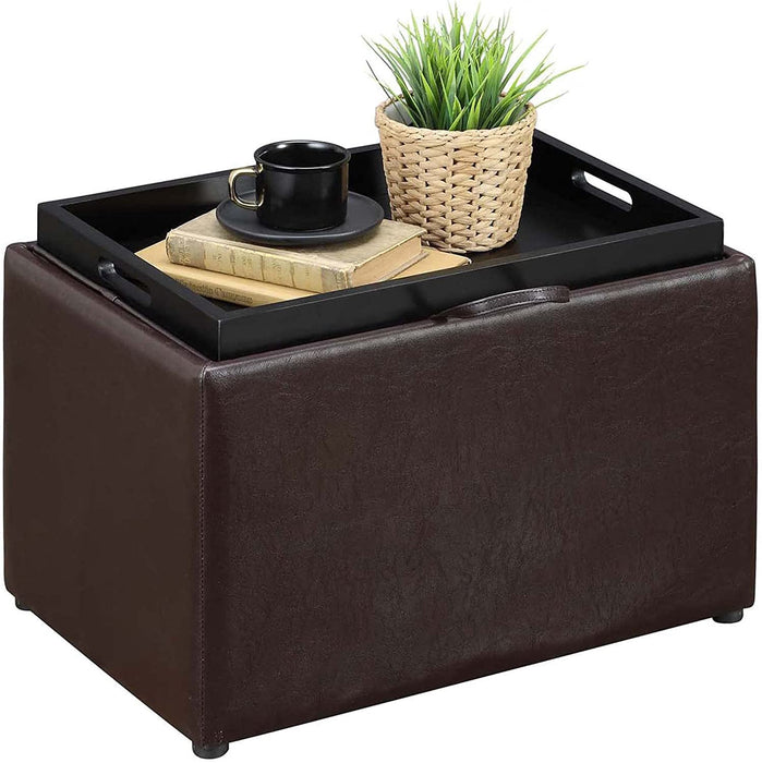 Espresso Faux Leather Ottoman with Reversible Tray