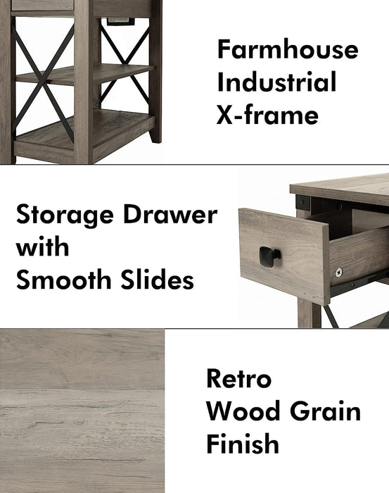 Farmhouse Slim Side Table with Charging Station