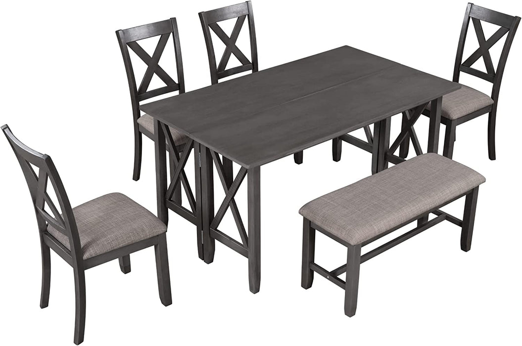 6 Piece Foldable Dining Set for 6 with Bench, Gray