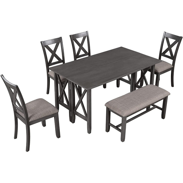 6 Piece Foldable Dining Set for 6 with Bench, Gray