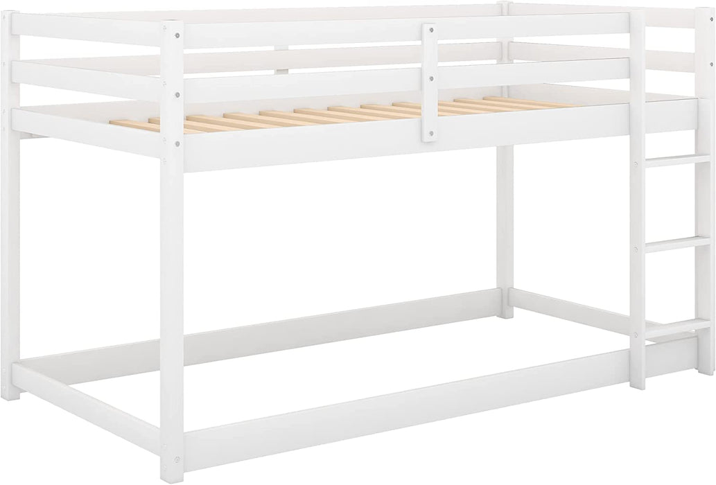 Solid Wood Twin Floor Bunk Bed with Guard Rails, White