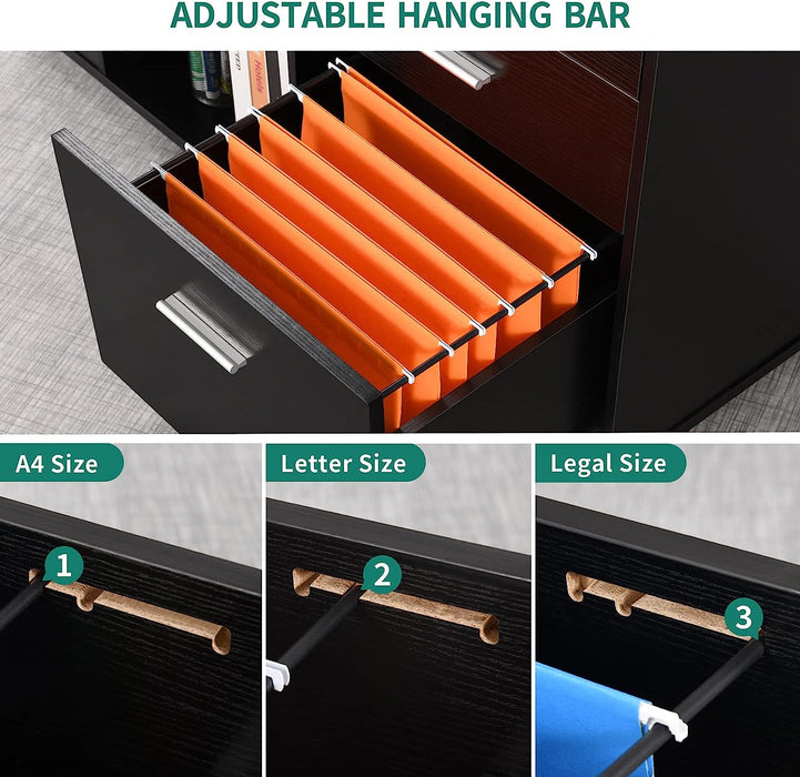 Black 3-Drawer Mobile Filing Cabinet with Shelves