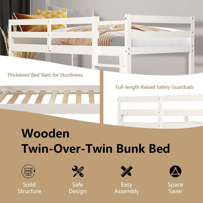 Solid Wood Twin over Twin Bunk Bed with High Guardrails