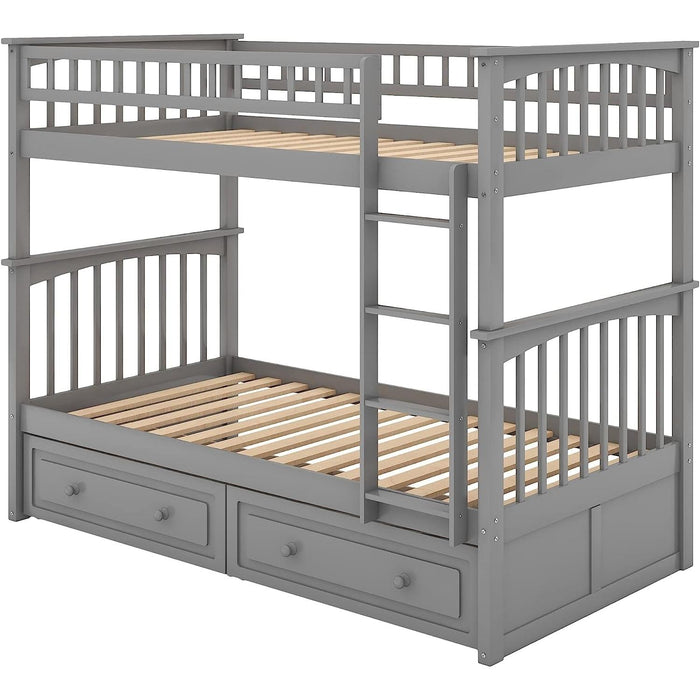 Grey Twin Bunk Bed with Storage, Drawers, and Safety Rail