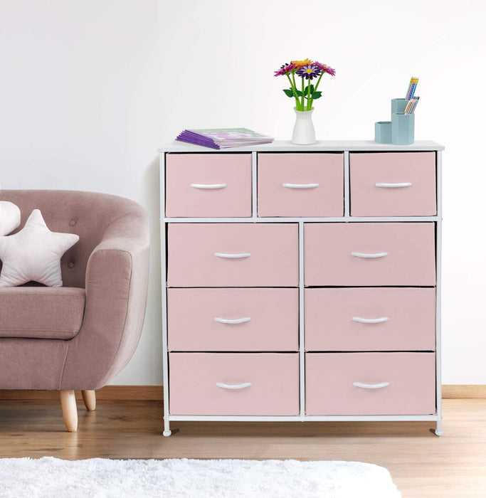 Solid Pink 9-Drawer Dresser with Fabric Bins