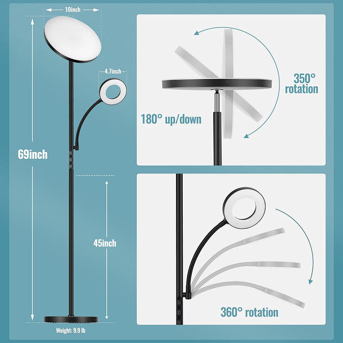 Super Bright LED Torchiere Floor Lamp with Reading Light