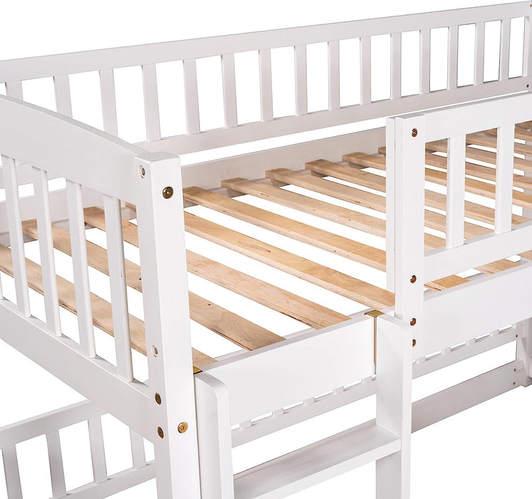 Twin Low Bunk Bed with Openable Fence and Slide, White