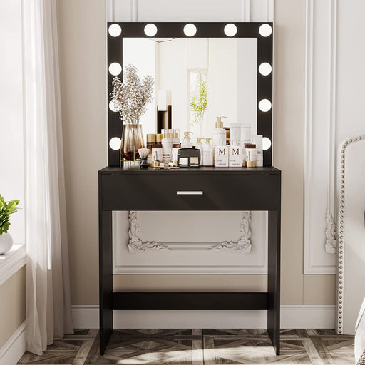 Black Vanity Table with Lighted Mirror and Drawer