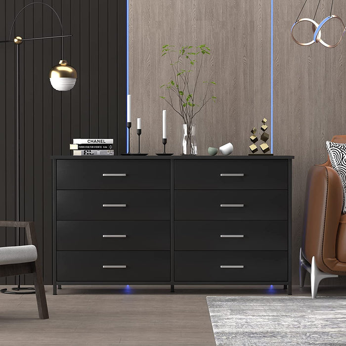 Black Wood 8-Drawer Double Dresser with Steel Frame