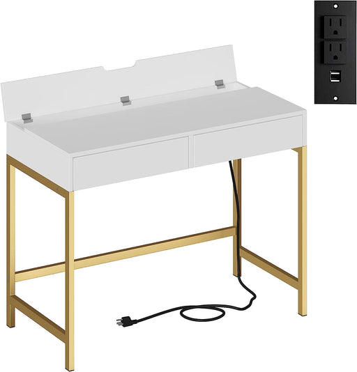 White and Gold Computer Desk with USB Charging Ports