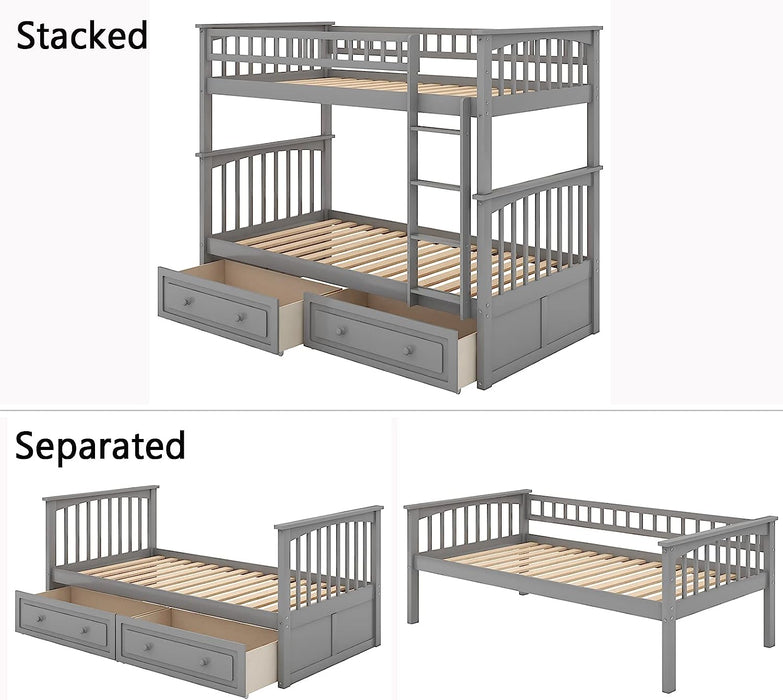 Grey Twin Bunk Bed with Storage, Drawers, and Safety Rail