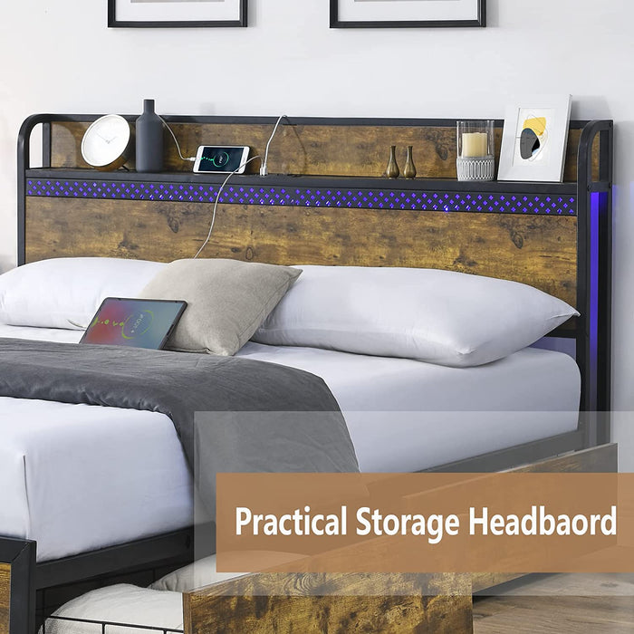 Full Storage Bed Frame with LED Lights, 4 Drawers