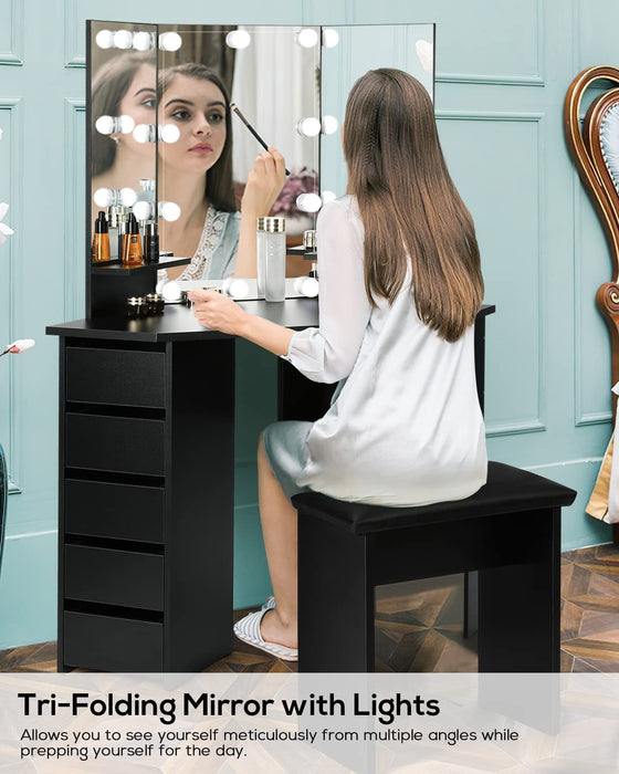 Black Vanity Desk with Mirror and Lights