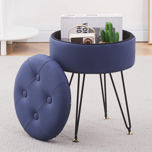 Blue Ottoman with Metal Legs and Tray Top