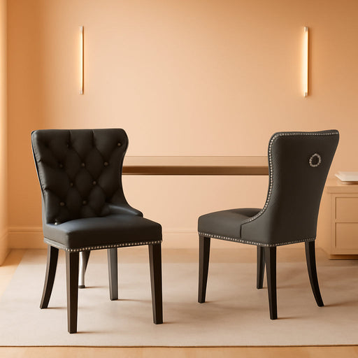 Black and Dark Grey Velvet Dining Chairs Set of 6 with Nailhead Trim and Pull Ring