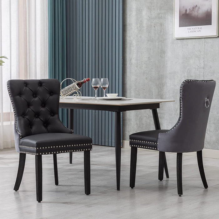 Black and Dark Grey Velvet Dining Chairs Set of 6 with Nailhead Trim and Pull Ring