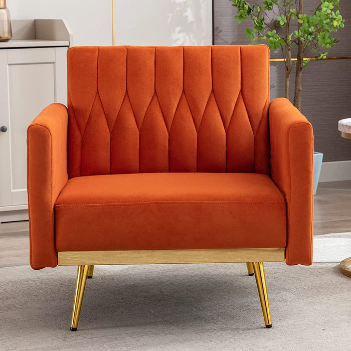 Orange Velvet Chair with Ottoman and Armrests