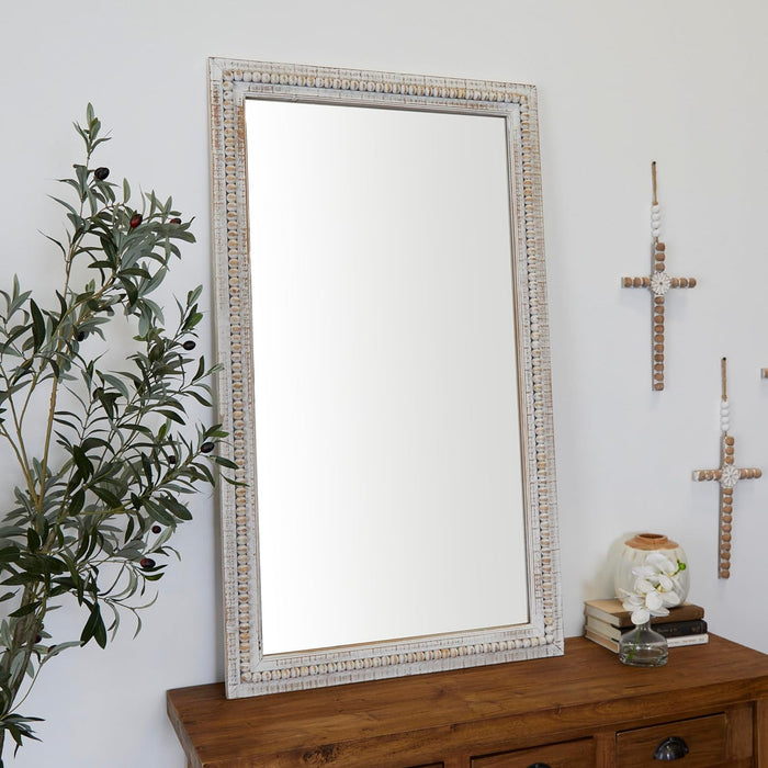 Wood Carved Beaded Wall Mirror, 28" X 1" X 48", White