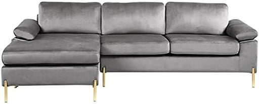 Gray Velvet Sectional Sofa with Gold Legs