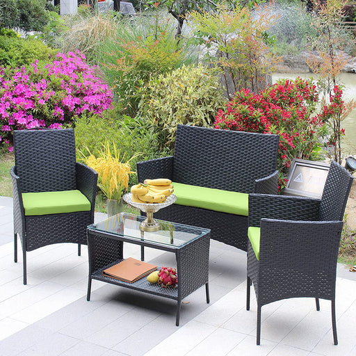 4 PCS Wicker Patio Conversation Set,Modern Outdoor Rattan Sofas Set with Table,Patio Furniture Set with Soft Cushions,All-Weather Wicker Outdoor Patio Sectional Sofa with Coffee Table (Green)