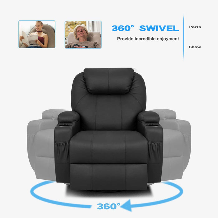 Swivel Rocker Recliner W/Massage, Heat, Remote, Cup Holders, Black