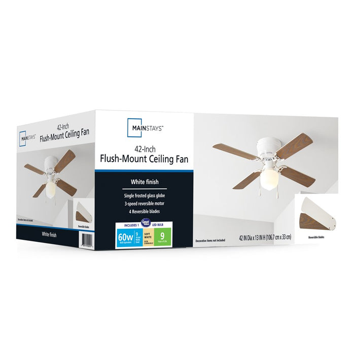 Mainstays 42" Hugger Metal Indoor Ceiling Fan with Light, White, 4 Blades, LED Bulb, Reverse Airflow