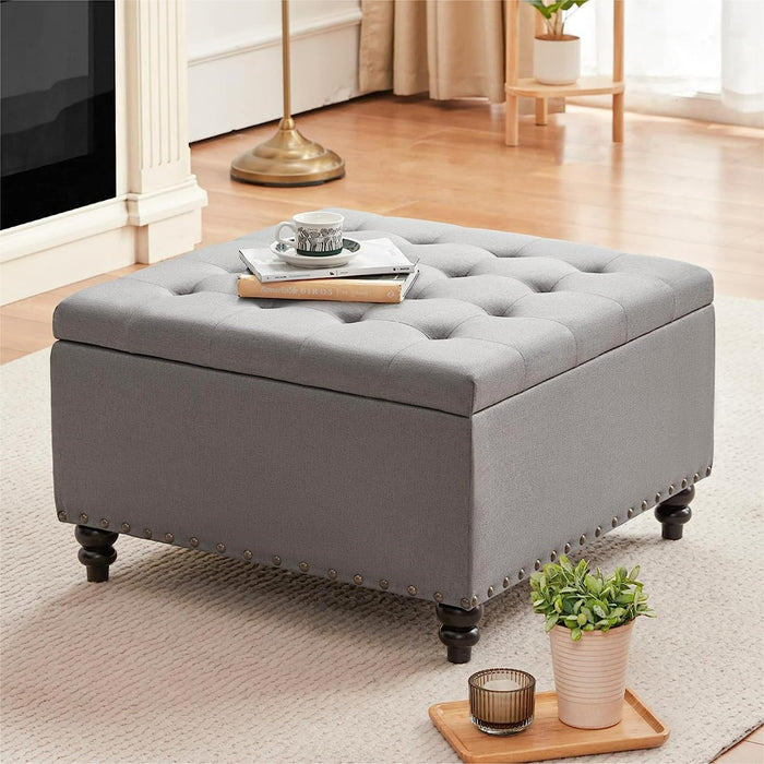 Grey Tufted Ottoman with Storage for Living Room