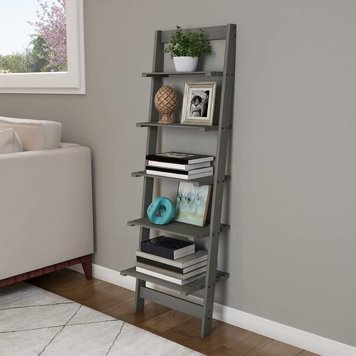 Gray Wooden 5-Tier Ladder Bookshelf for Home Décor