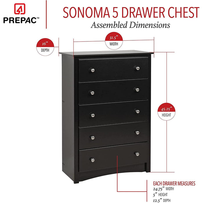 Sonoma 5-Drawer Chest for Bedroom in Black