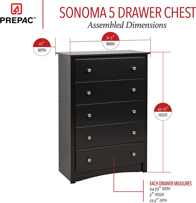 Sonoma 5-Drawer Black Chest for Bedroom