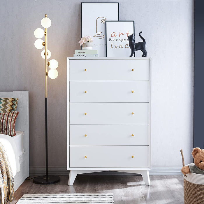 Mid-Century 5 Drawer Dresser in Solid White