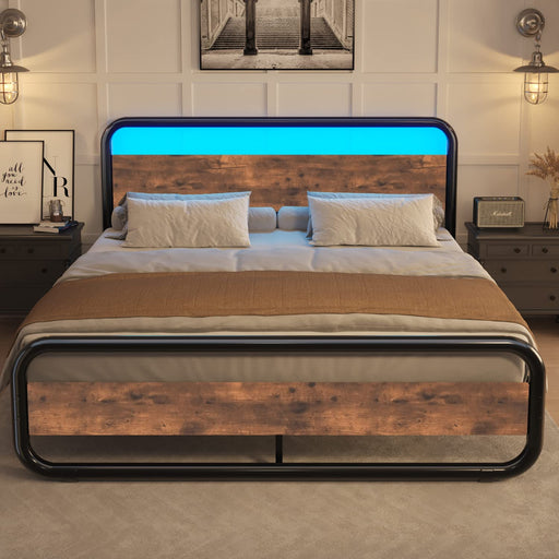 Rustic Brown Queen Metal Platform Bed Frame W/ LED Lights and under Bed Storage