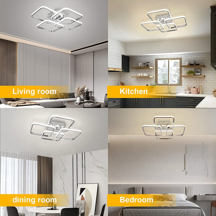 Modern Led Ceiling Light Fixture, Dimmable Flush Mount Lighting, 48W 4 Square Remote Control for Living Room Silver 4 Lights