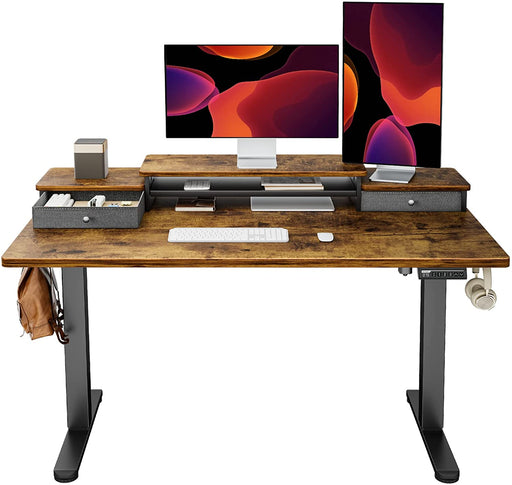 Electric Standing Desk with Double Drawers, Vintage Brown