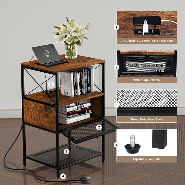 Rustic Brown Nightstands Set of 2 with Charging Station