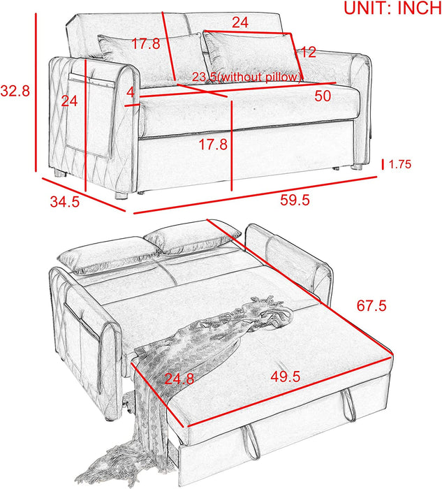 Blue Velvet Convertible Sofa Bed with Adjustable Backrest
